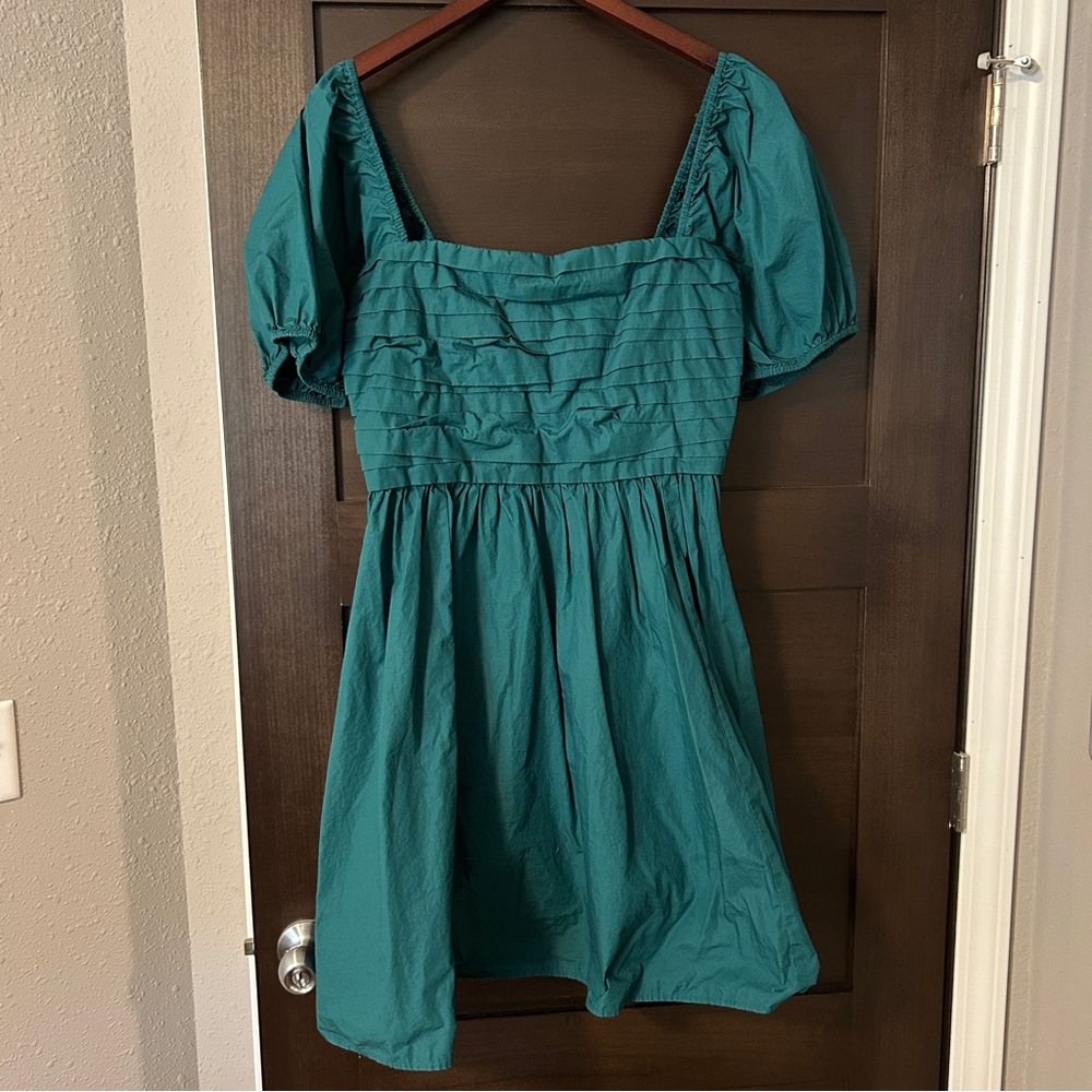 Quince Teal cotton ruched puff sleeve mini dress